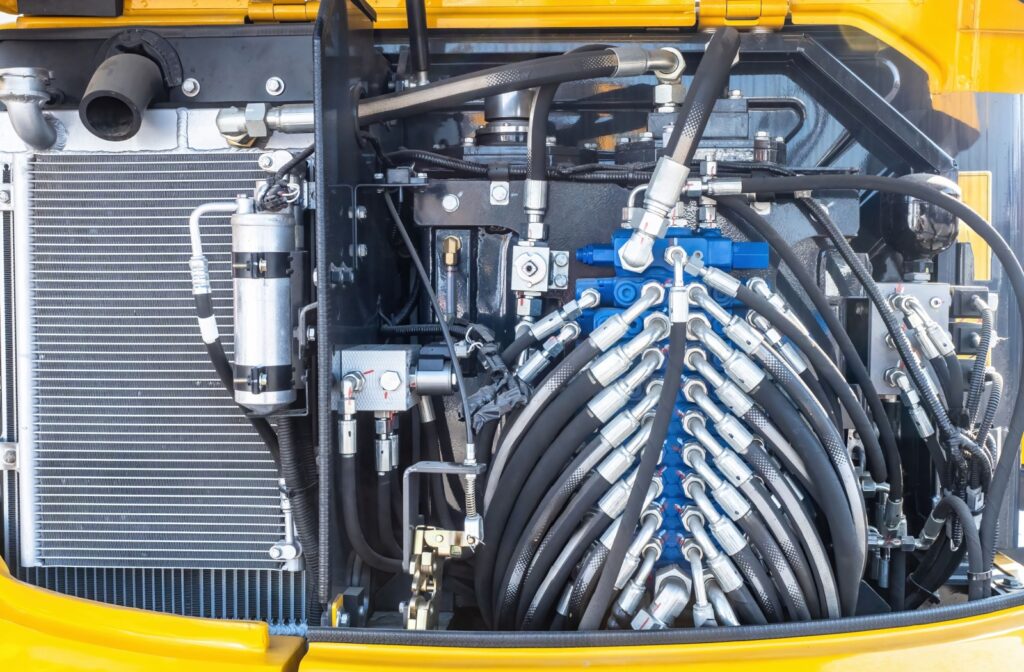 A close-up image of a heavy duty machine's cooling and hydraulic system.