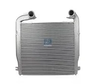 A metallic intercooler features horizontal fins and two connected pipes