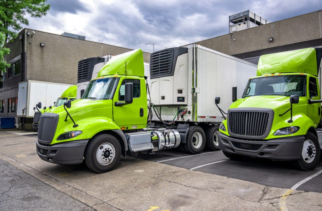 Fleet of bright green semi-trucks with refrigerated trailers parked outside a commercial facility, representing heavy-duty cooling systems serviced by Northland Radiator in Red Deer, Alberta.