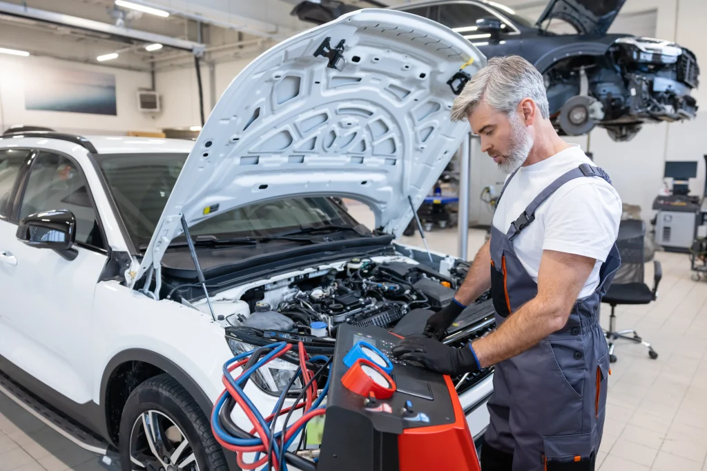 A mechanic works on a car engine with tools and diagnostic equipment