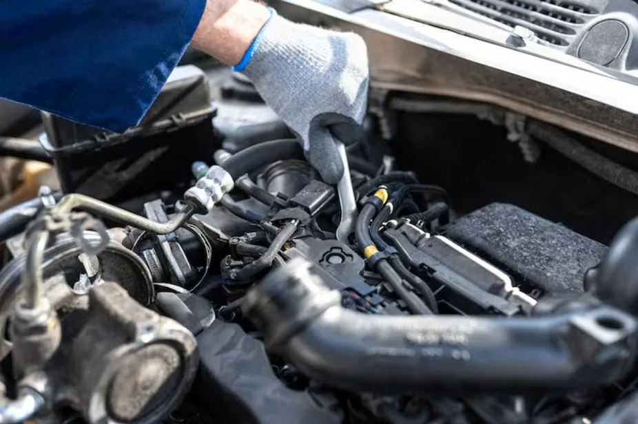 A gloved hand uses a wrench to work on an engine