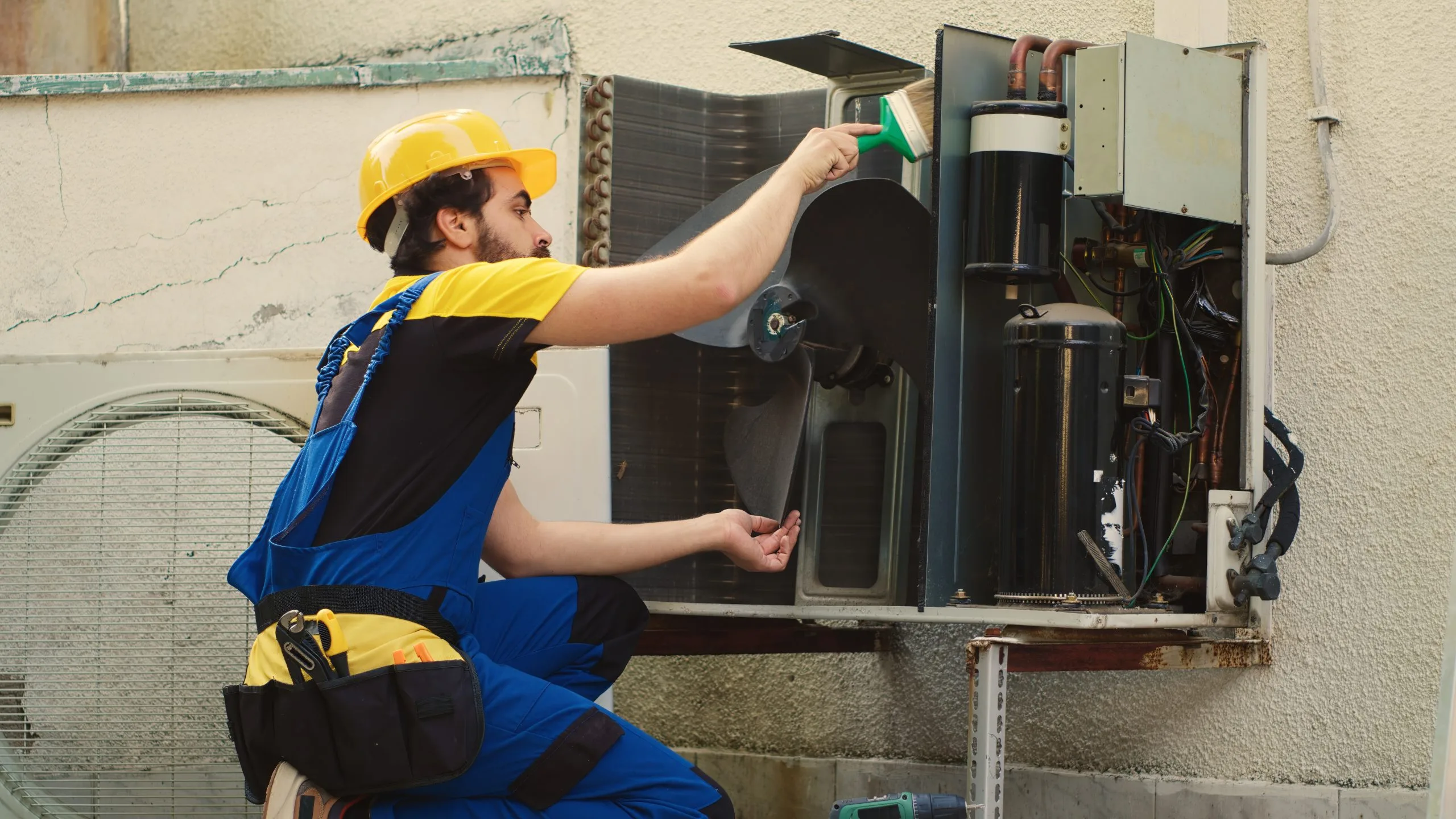 A worker in a hard hat repairs an air conditioning unit outdoors