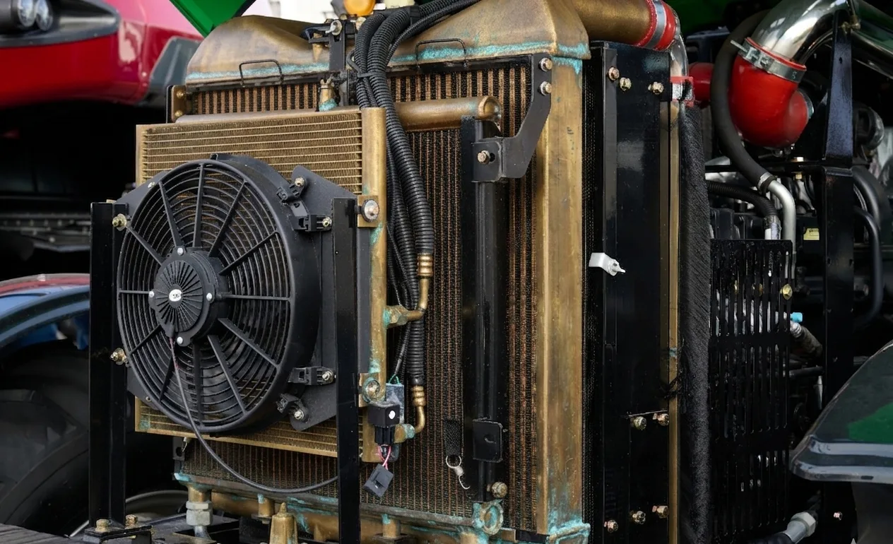 A large metal radiator with a fan and various attached hoses is displayed
