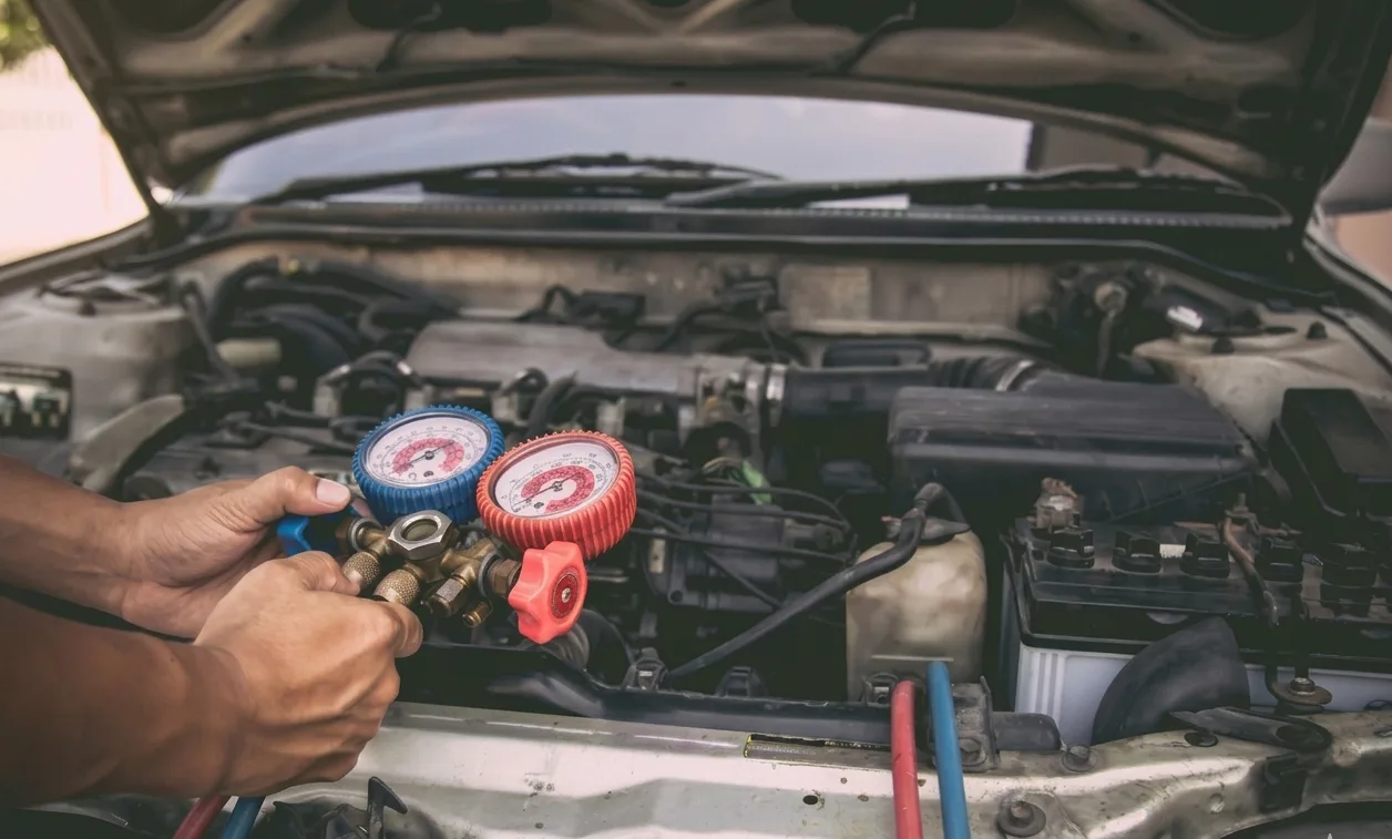 A technician connects pressure gauges to a car's engine for maintenance