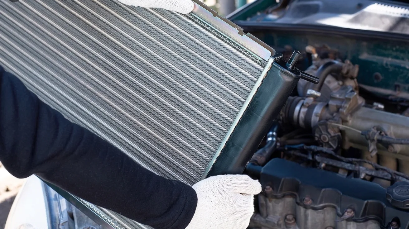 A person in white gloves is replacing a car radiator