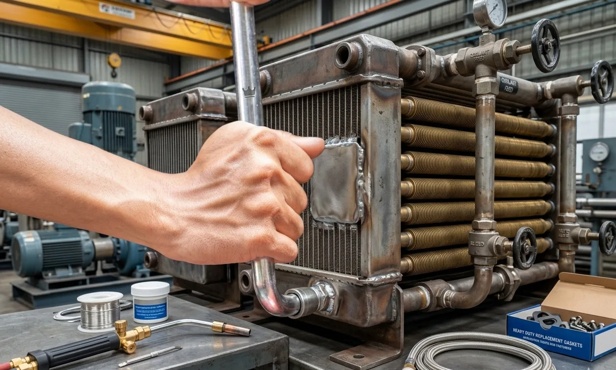 A hand is using a wrench to tighten a connection on a large industrial machine