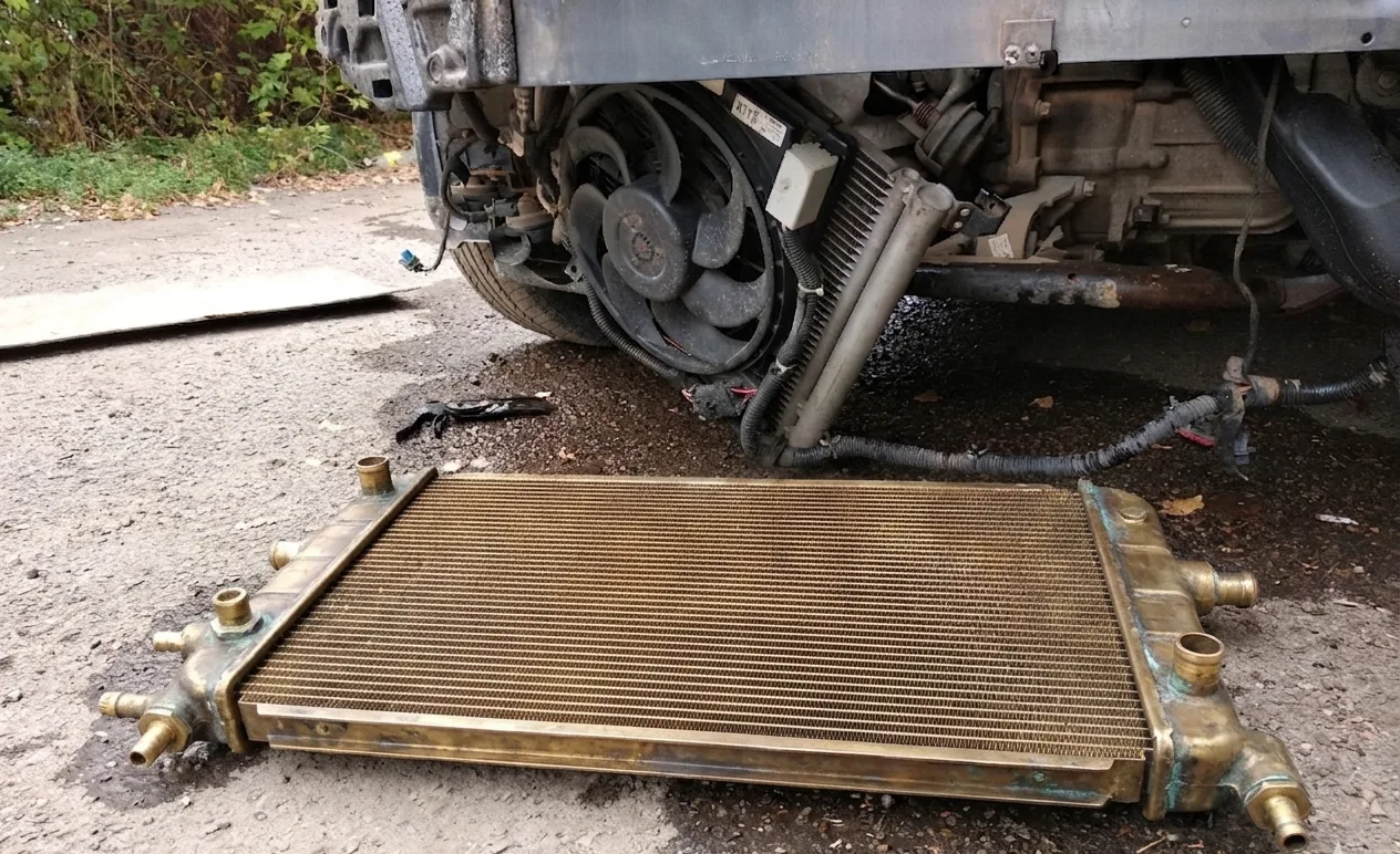 A removed automotive radiator lies on the ground beside a vehicle