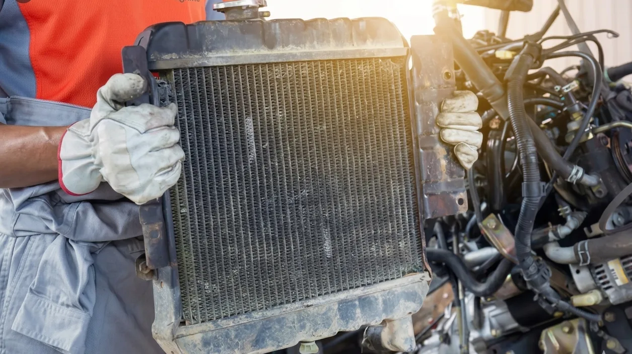A person wearing gloves holds a dusty radiator amidst engine parts