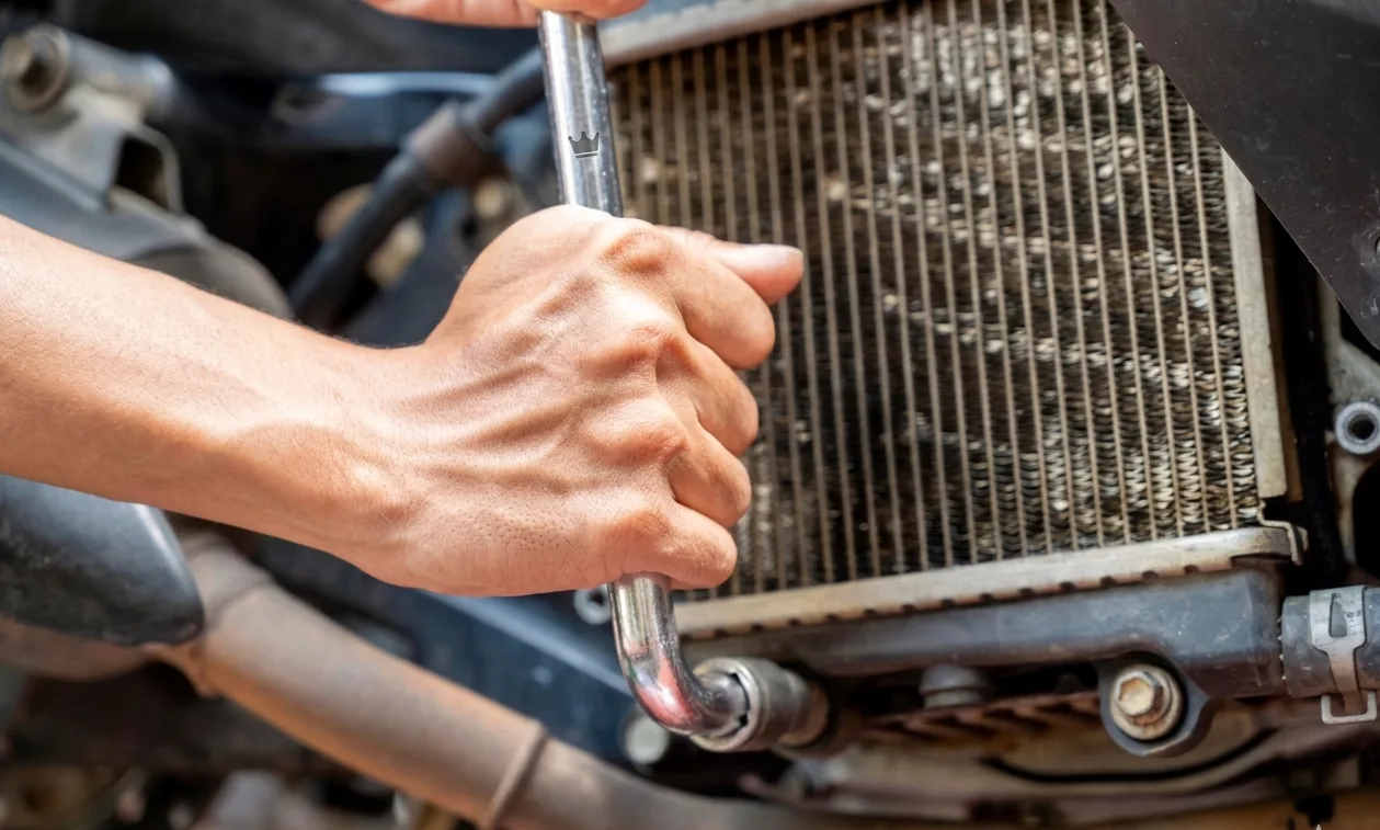 A hand uses a wrench to tighten or loosen a vehicle's radiator