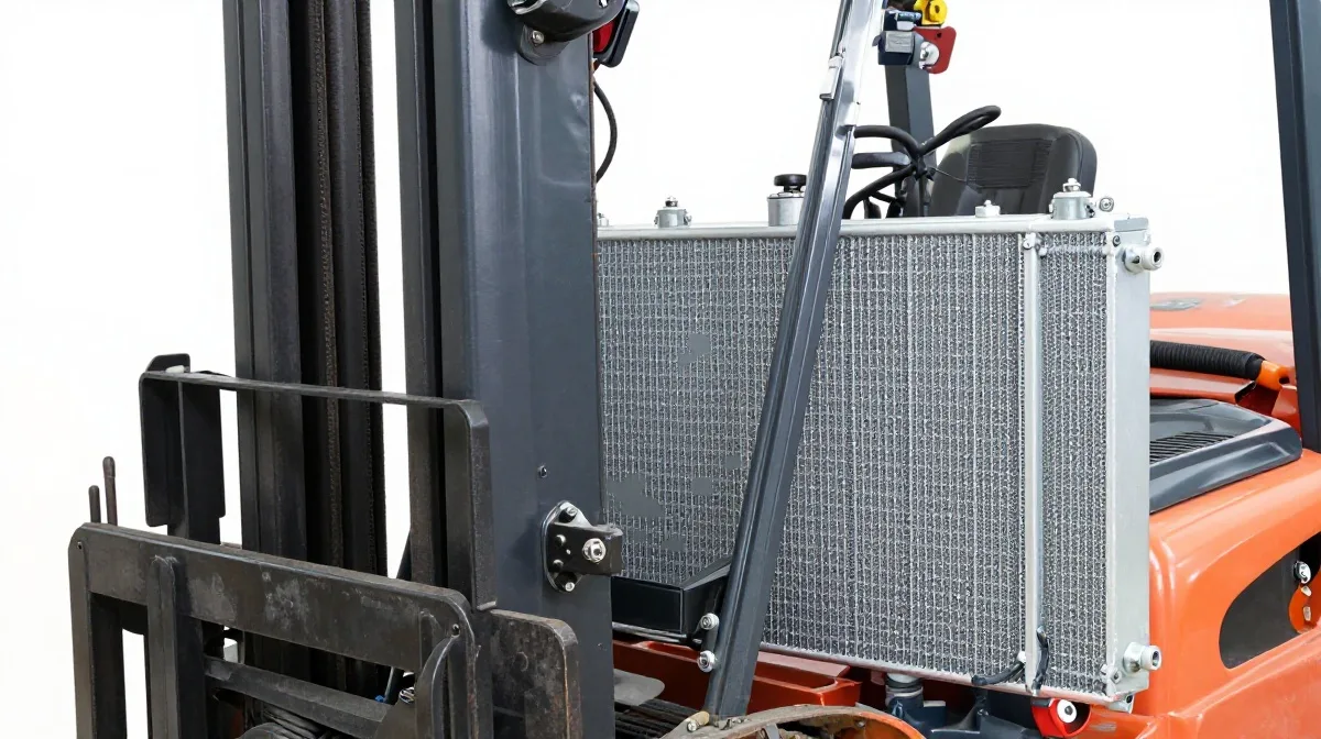 A forklift is positioned with a radiator attached to its frame