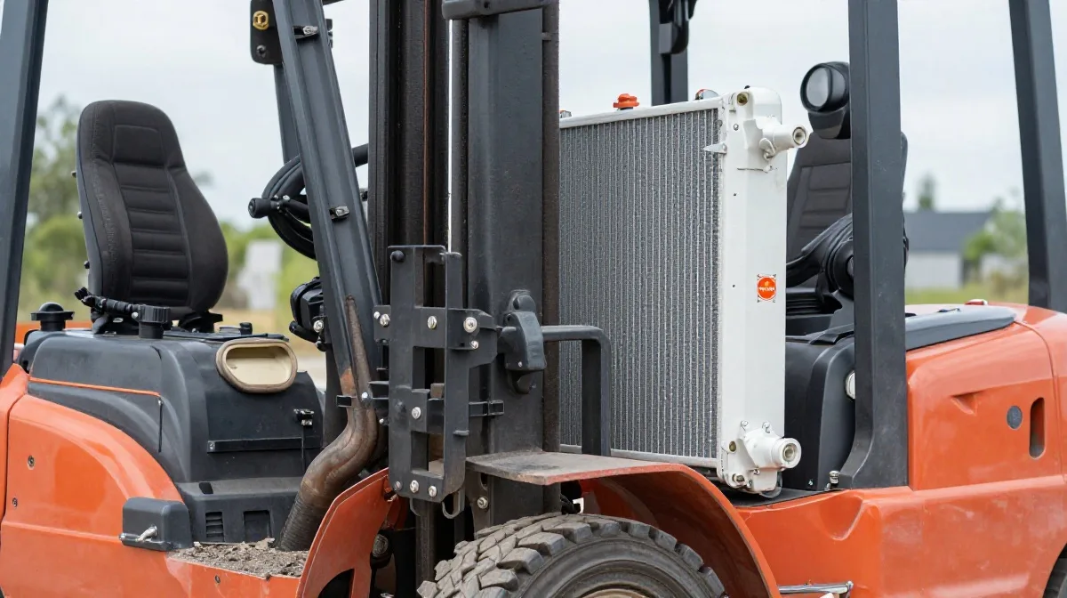 A forklift with a visible radiator is parked on a construction site