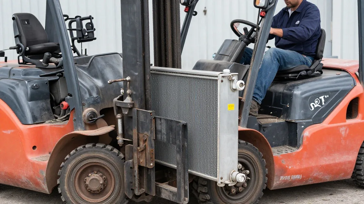 A worker operates a forklift, maneuvering it in a warehouse setting